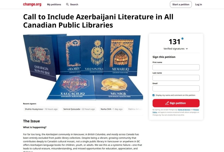 Soydaşlarımız Kanadada Azərbaycan kitablarına qadağaya etiraz edir